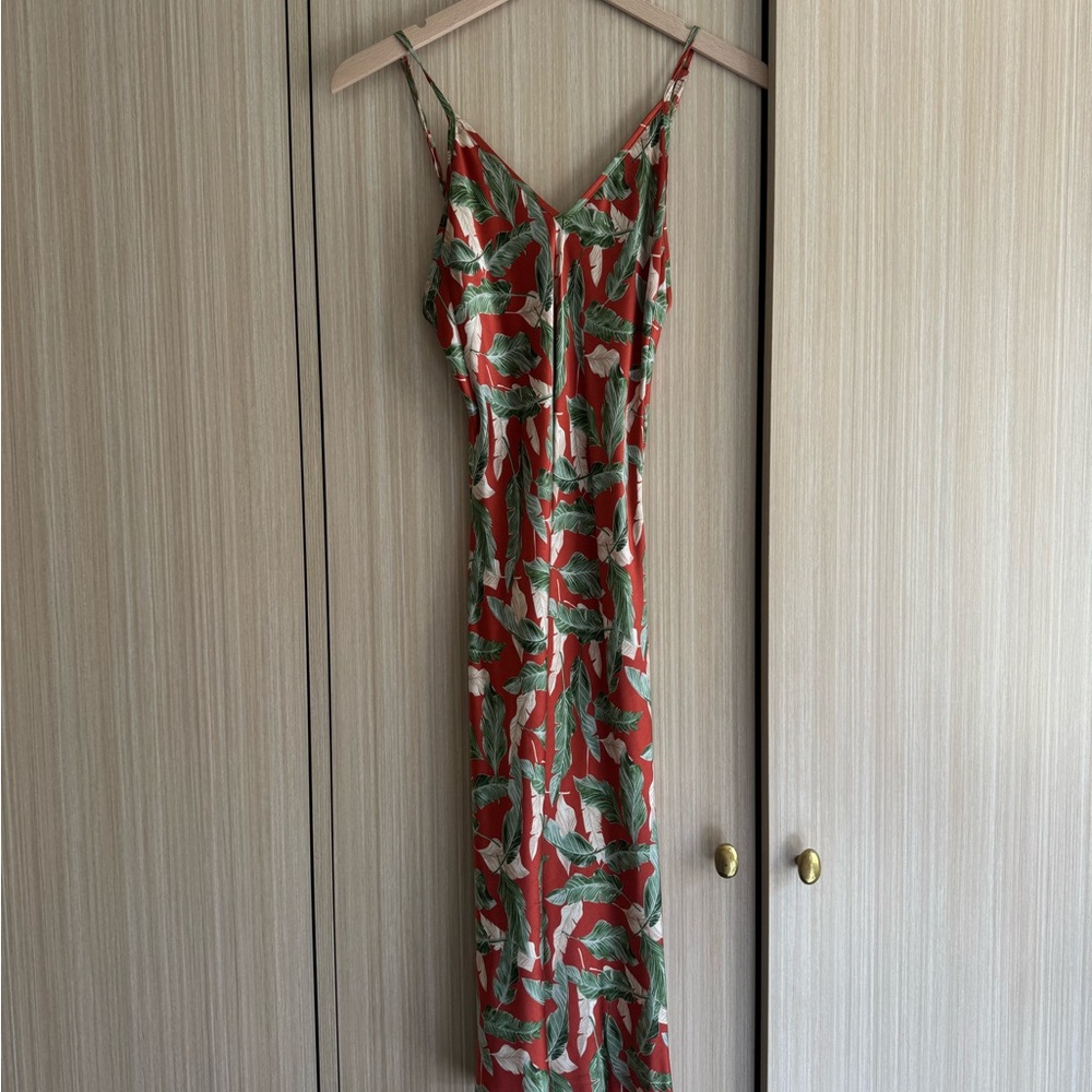 Silk Midi Dress in Red Banana Leaf Palm Print